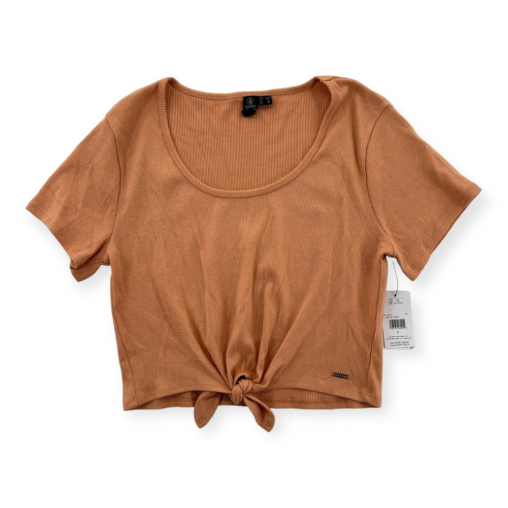 Volcom Top Girls Youth 10 Large Cropped‎ Ribbed Stretch Shirt With Tie Front NEW